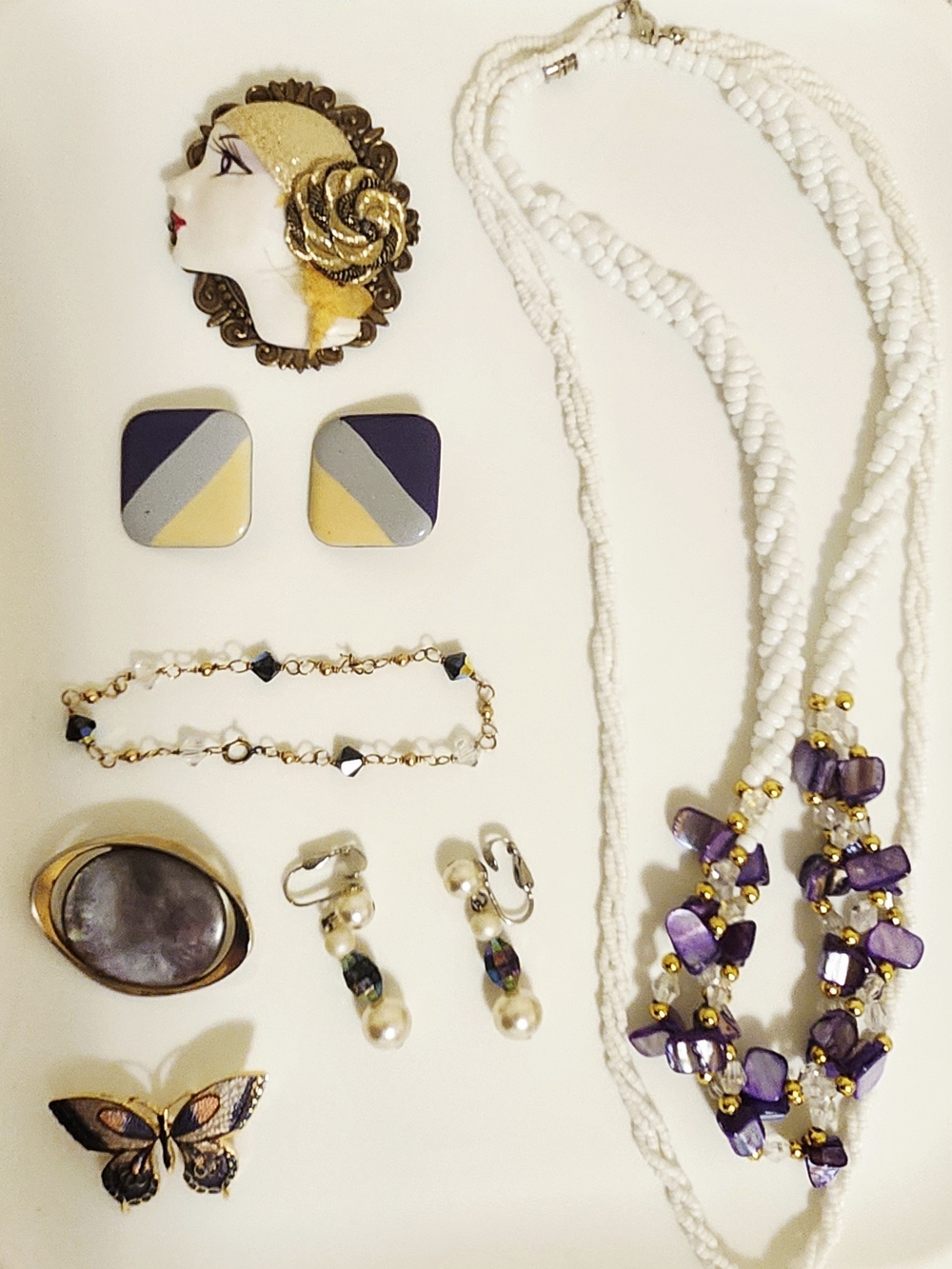 Vintage Jewelry Lot - Purple, White And Yellow/Gold Tone